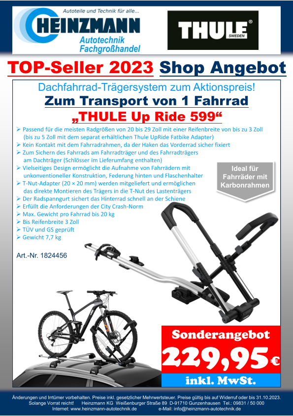 TOP-Seller 2023 - Shop Angebot +++ Dachfahrrad-Trägersystem zum Aktionspreis! +++ Zum Transport von 1 Fahrrad +++ „THULE Up Ride 599“