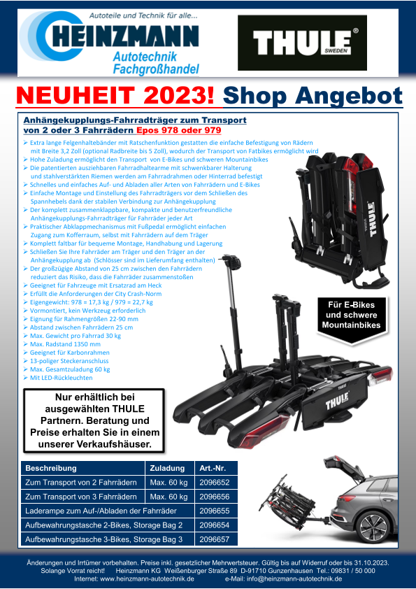 NEUHEIT 2023! - Shop Angebot +++ Anhängekupplungs-Fahrradträger zum Transport von 2 oder 3 Fahrrädern +++ „THULE Epos 978 oder 979“